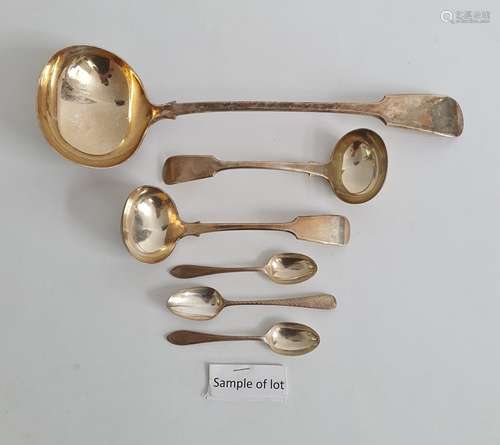 10 assorted silver teaspoons, other plated teaspoons, a large silver-plated ladle, two smaller and a