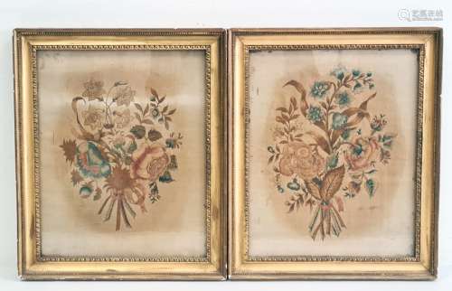 Pair of silk embroidered pictures of bunches of flowers in rectangular gilt frames, 28cm x 22cm (not