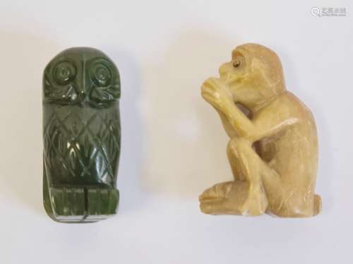 Chinese soapstone miniature model of a monkey, its paws together kneeling in a seated position, 4.