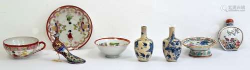 Group of Asian porcelain and enamel, comprising a Chinese porcelain compressed snuff bottle and