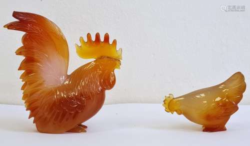 Carnelian agate miniature model of a cockerel, 7cm high and another of a hen, naturalistically