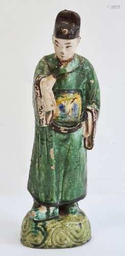 18th century Chinese pottery San Cai glazed figure of a male courtly figure, standing wearing a long