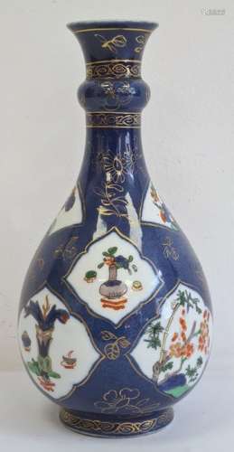 19th century Chinese porcelain powder blue ground famille verte bottle-shaped vase with blue