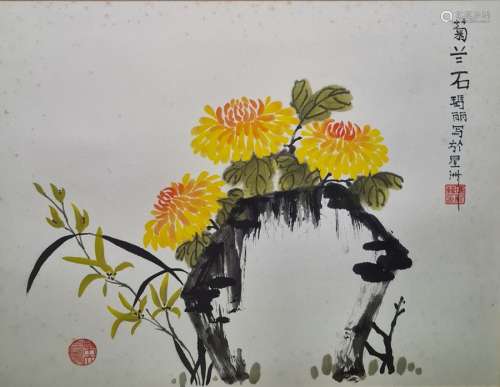 Japanese watercolour of flowers, bears inscription to the right hand side and another Japanese