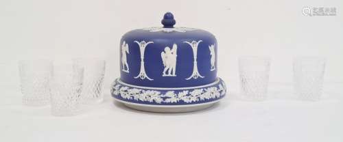 Wedgwood-style blue jasperware cheese dome, blue glazed stoneware jug, and a Royal Doulton casserole