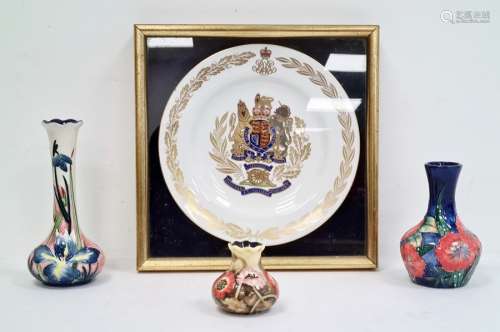 Three Old Tuptonware vases, and a Royal Artillery commemorative plate produced by Spode for the