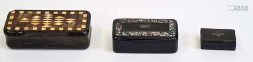 Miniature rectangular papier mache lacquered box with mother-of-pearl inlay, another black inlaid