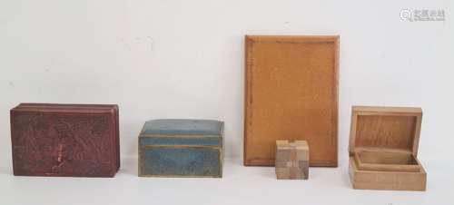 Wooden box with buttons, a rectangular turquoise cloisonne box, a wooden puzzle, a red lacquered