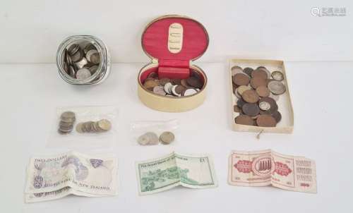Quantity of assorted coins and notes to include New Zealand notes, English coins and other World