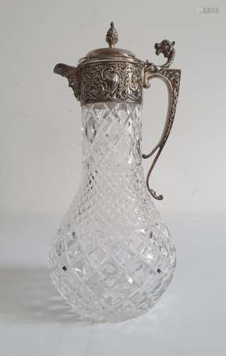 Edwardian silver-mounted cut glass claret jug, London 1913 with pinecone finial, mask spout and
