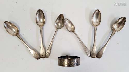 A silver bangle with engraved decoration and six silver teaspoons (7)Condition Report