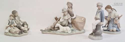 Lladro figures of boy and girl with puppy, a young girl with sailing boat, a girl with doll,