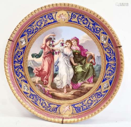 19th century Meissen porcelain plaque, circular and painted with three classical allegorical
