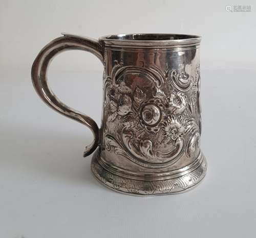18th century silver mug with later repousse decoration, scroll and floral, all marks worn, 12.2oz or