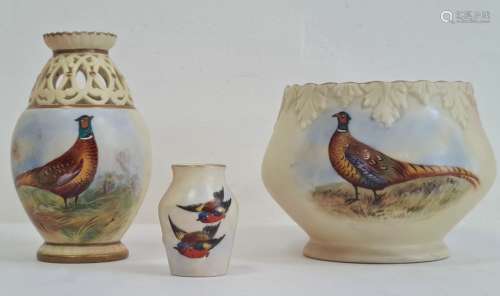 Circa 1900 Locke & Co Worcester vase of circular squat form, hand-painted with pheasant, signed 'E