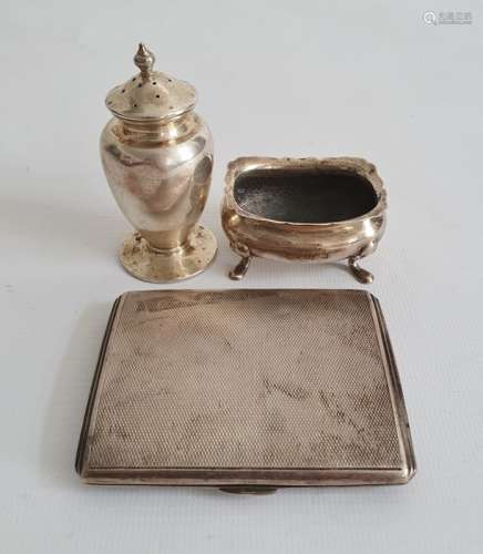 1930's silver rectangular cigarette case, engine-turned, a silver salt (missing glass) and a
