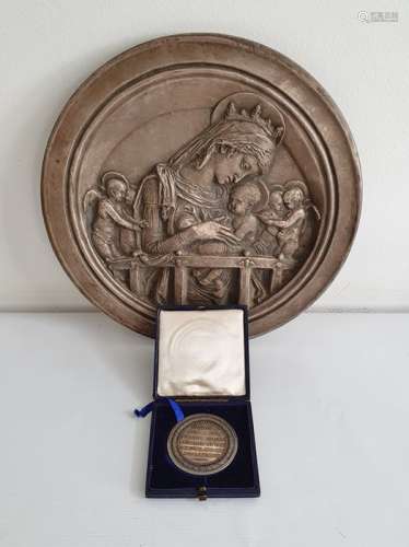 20th century silver-mounted circular plaque 'The Chellini Madonna' after Donatello, marked verso,