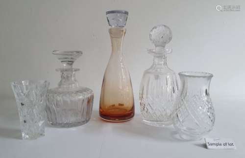 Amber glass decanter of conical form with stopper, approx 31cm high, together with various cut
