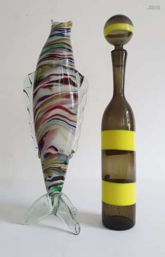 Murano fish vase, approx 46cm high together with an Italian-style tall glass bottle with stopper