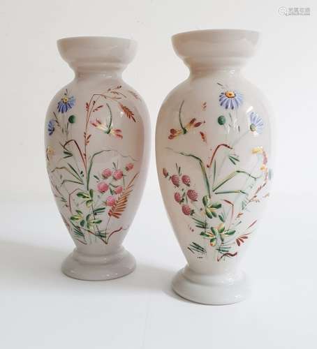 Pair of late Victorian opaline glass vases with applied floral and dragonfly decoration, both approx