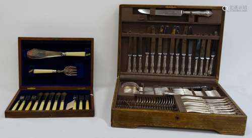 Cased canteen of fish servers and flatware and a canteen of EPNS flatware, the box labelled '