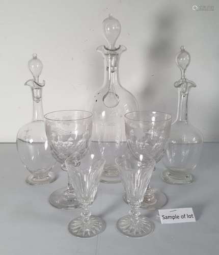 A set of six Waterford cut glass wines, three various decanters, and various other cut glass wines