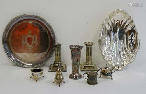 Pair of plated candlesticks, an oval pierced dish, a trumpet-shaped vase, etc (1 box)