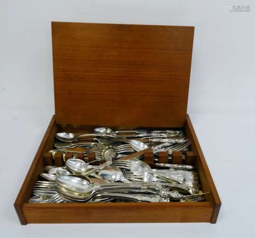 Large quantity of assorted plated table flatware in a wooden box
