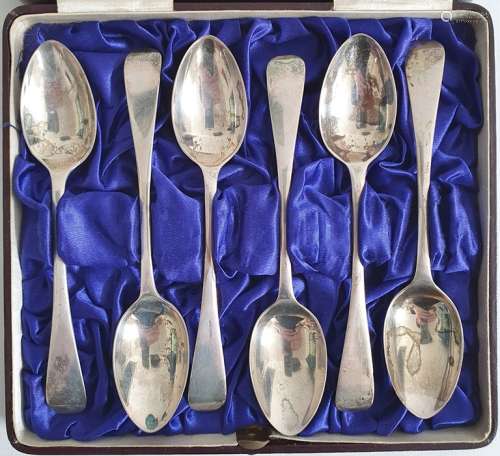 Set of six early 20th century silver teaspoons, of plain form, cased, Sheffield, makers J&R, a set