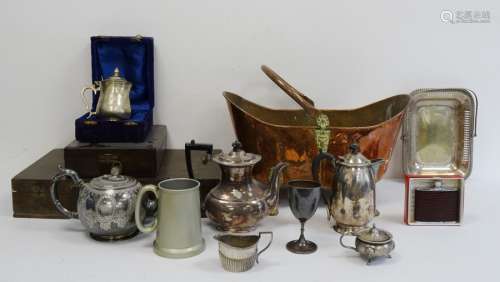 Quantity of plated ware to include teapot, trophy cups, candlesticks, a copper coal scuttle, an