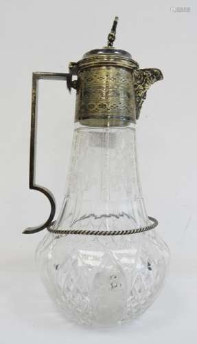 Silver-plated mounted and glass claret jug with grape finial and Bacchus mask spout, 29cm high