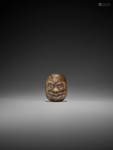 ISSHIN: A RARE LIGHT WOOD MASK NETSUKE