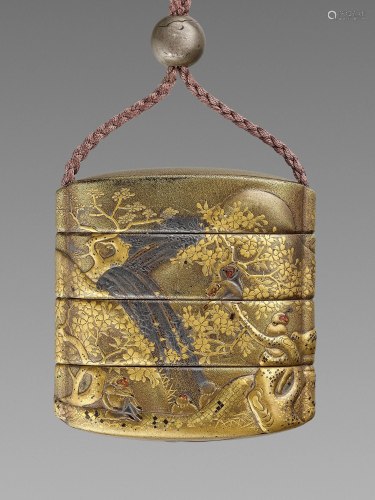 AN EARLY GOLD LACQUER INRO WITH MONK…