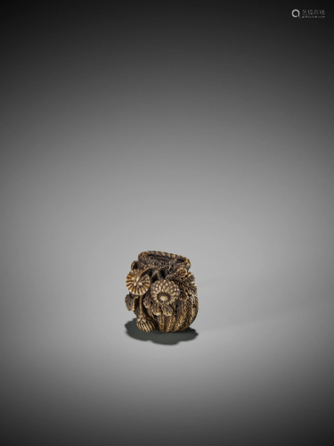 RENSAI: SUPERB STAG ANTLER NETSUKE OF A KIKU …