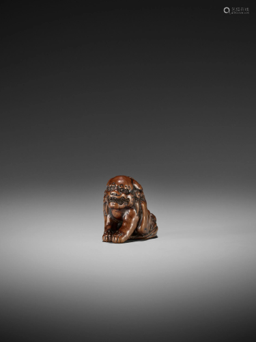 A WOOD NETSUKE OF A SHISHI ATTR. TO TOMOCHI…