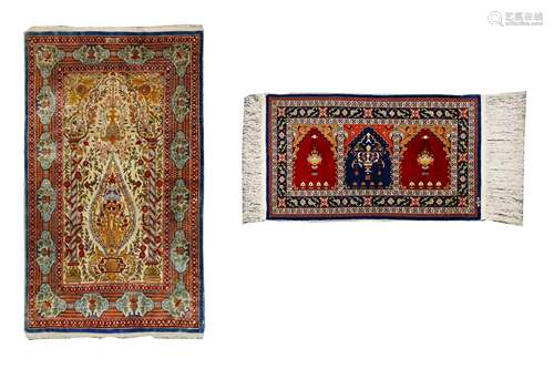 A TWO EXTREMELY FINE SILK HEREKE PRAYER RUGS, TURKEY