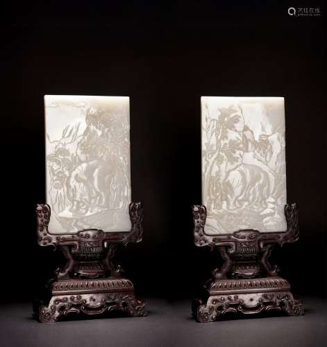 A PAIR OF IMPERIAL WHITE JADE 'ELEPHANT' TABLE SCREENS