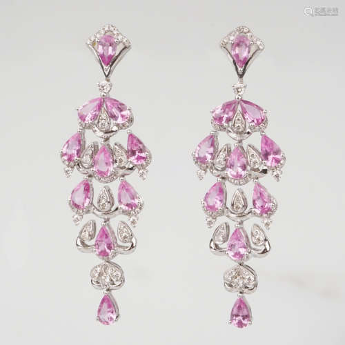 天然粉色蓝宝石配钻石耳环（粉色蓝宝石共重约4.1克拉）