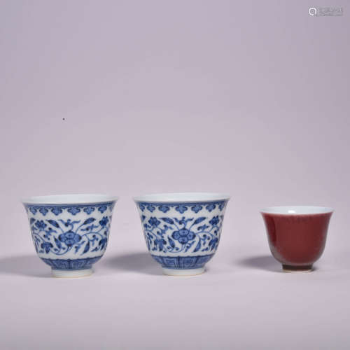 清 青花缠枝莲纹杯（一对）&红釉杯