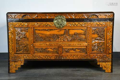 A CARVED CAMPHOR WOOD STORAGE CHEST 20TH C