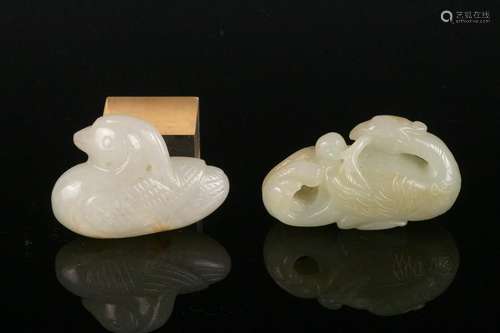 TWO JADE CARVED MANDARIN DUCKS, QING