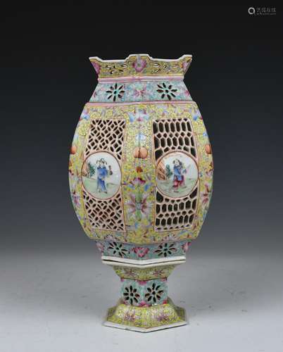 A FAMILLE ROSE RETICULATED LAMP VASE 19TH C