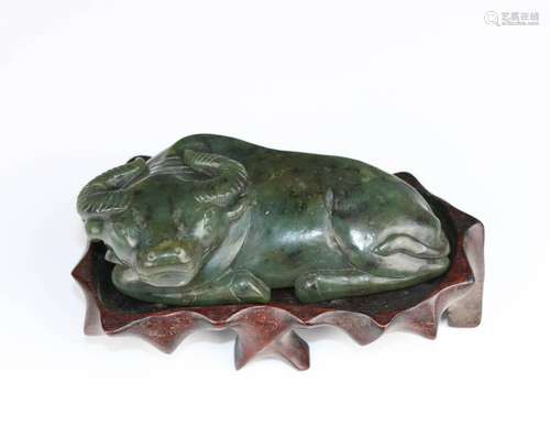 A SPINACH GREEN JADE BUFFALO 19TH C