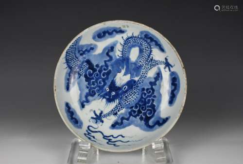 A BLUE AND WHITE DRAGON DISH 18TH C