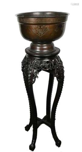 A LARGE BRONZE BASIN WITH SUANZHI STAND 19TH C