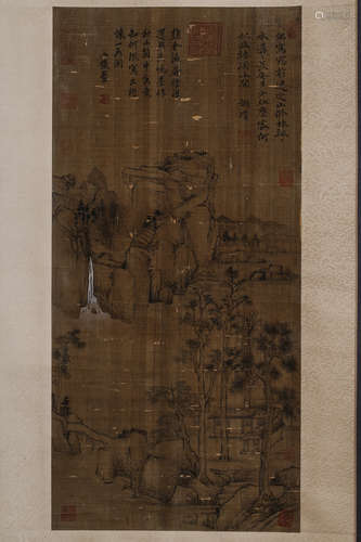 A Chinese Landscape Painting Silk Scroll, Ni Zan Mark