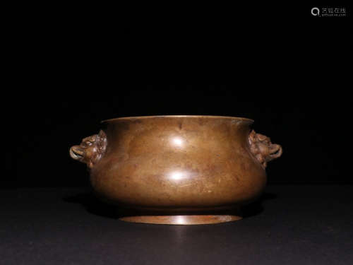 A Chinese Bronze Double Beast Ears Incense Burner