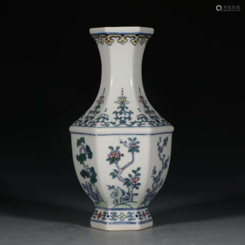 A Chinese Doucai Floral Porcelain Hexagon Vase