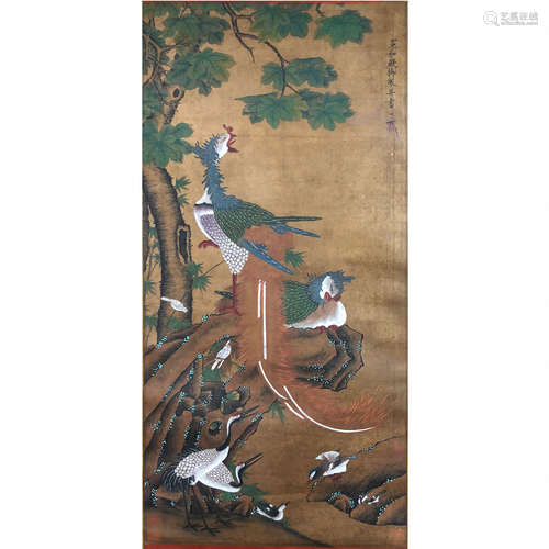 A Chinese Birds Painting Silk Scroll,Emperor Song Huizong Mark