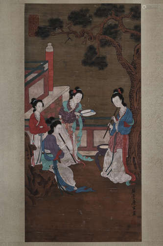 A Chinese Figures Painting Silk Scroll, Tang Yin Mark